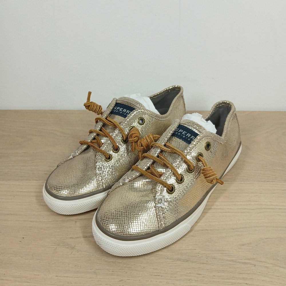 Sperry Seacoast Sneakers Women 6.5M Gold Leather Metallic Lace Up Coastal Preppy